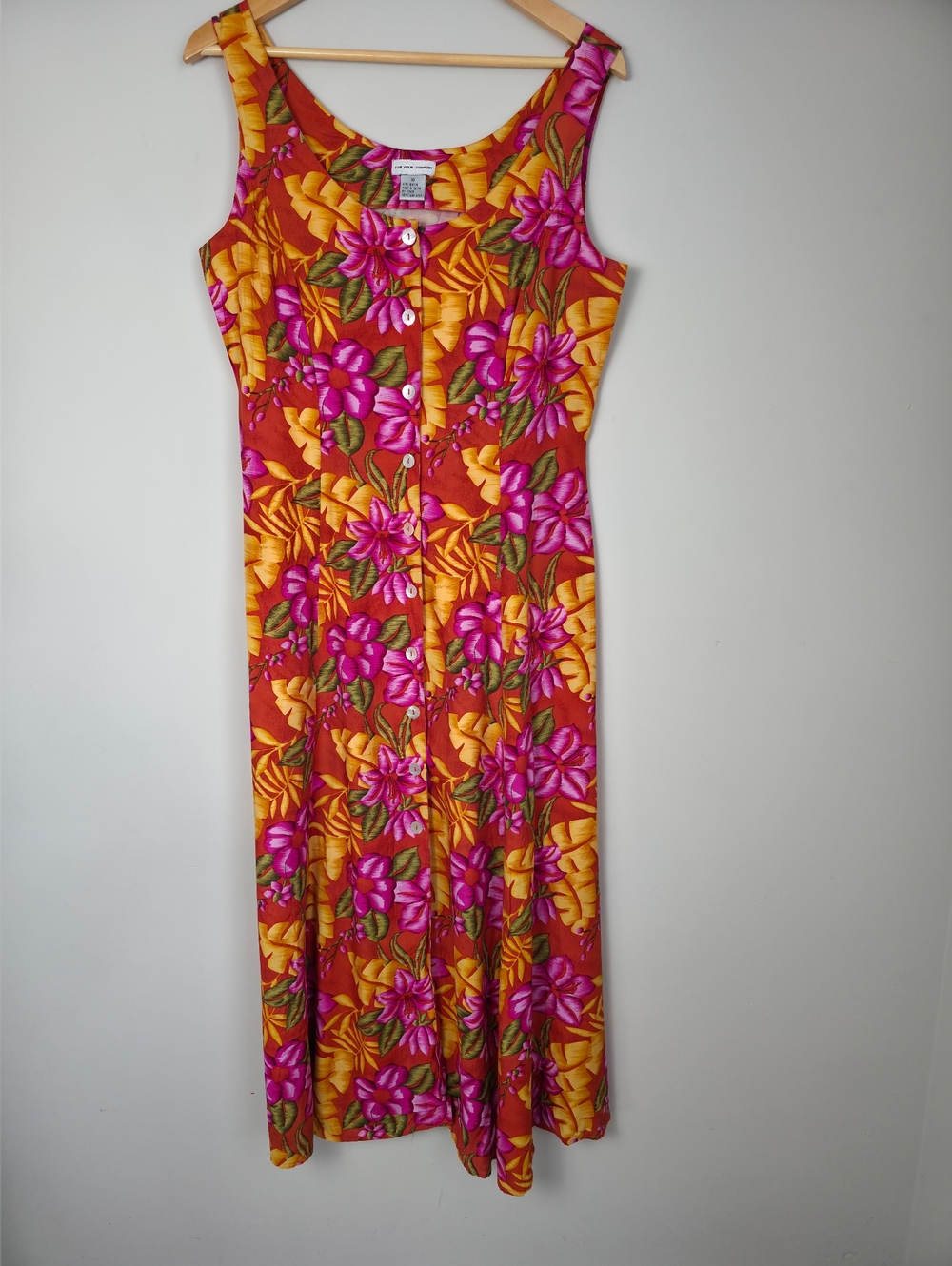 Vintage 90s Floral Rayon Dress Button Front Midi Tropical Size 10 - Picture 2 of 11
